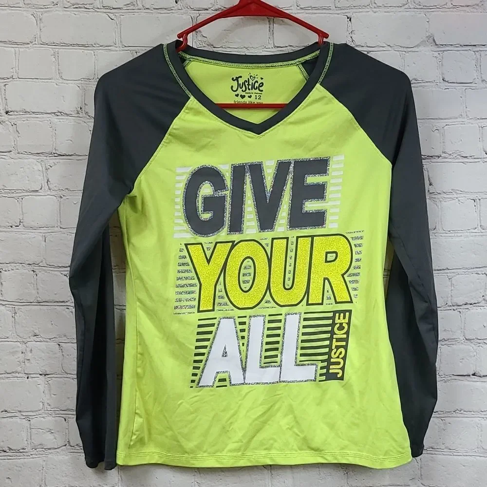Justice Girls 12 Neon GIVE YOUR ALL Sporty Raglan Athletic Jersey Glitter Shirt
